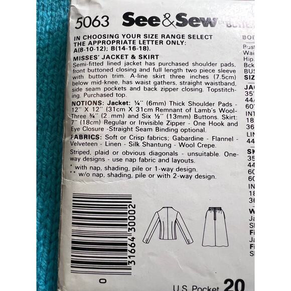 Butterick Sewing pattern 5063 suit blazer A line skirt size 8 10 - Picture 4 of 6